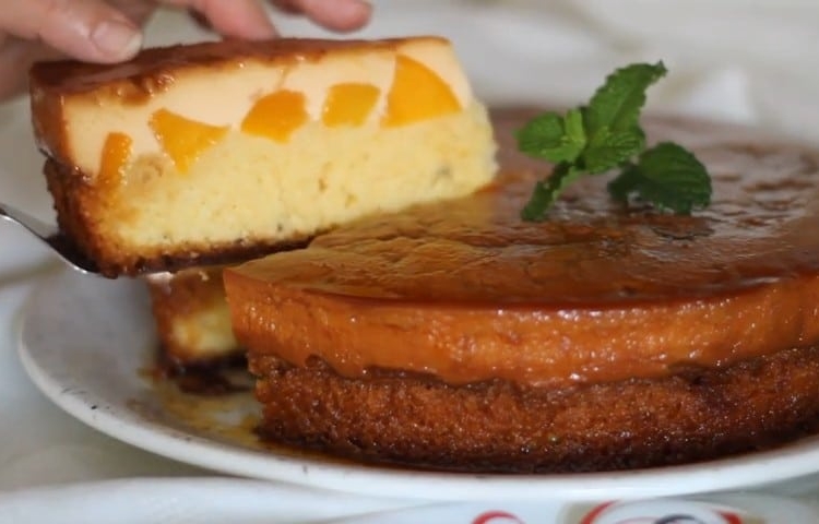 Receita do Bolo-Pudim de Pêssego delicioso