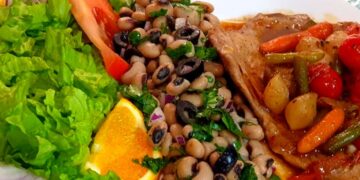 Receita saborosa de Bifanas com Feijão Frade e Legumes