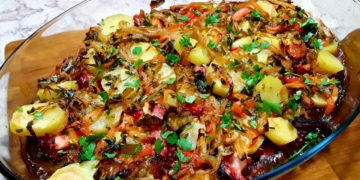 Receita de Polvo no Forno com Cebolada de Pimentos